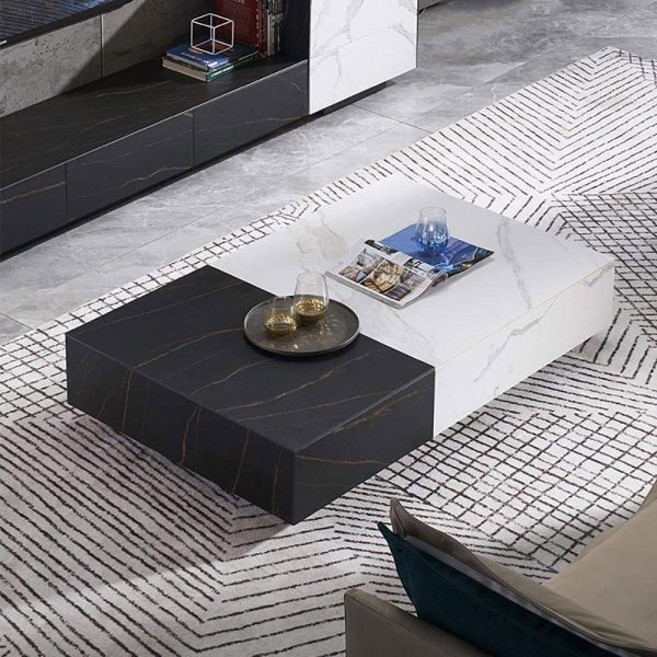 Black & White Coffee Table with Storage: Rectangle Stone Top & Wood Drawers