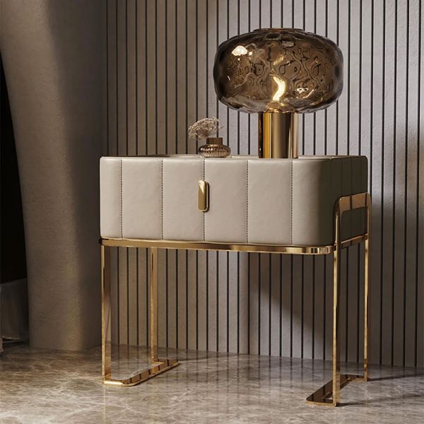 Champagne PU Leather Single Drawer Bedroom Nightstand: Bedside Table with Stone Top