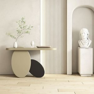 Modern Console Table: Rectangular Wood Entryway Table with Circle Base in Light Khaki