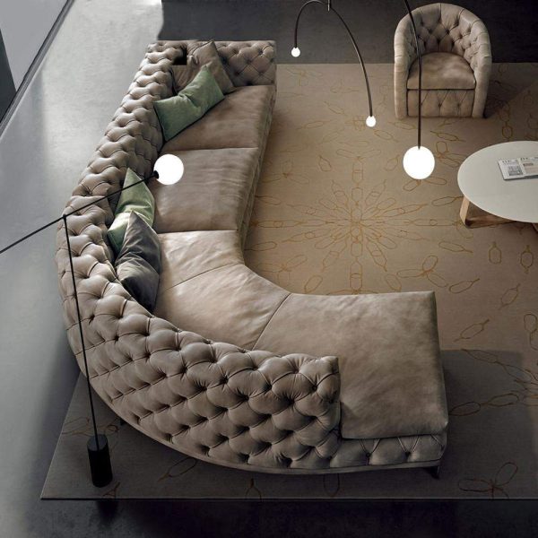 Curved Khaki Sectional Sofa Upholstered Velvet Chesterfield Sofa Stainless Steel Legs