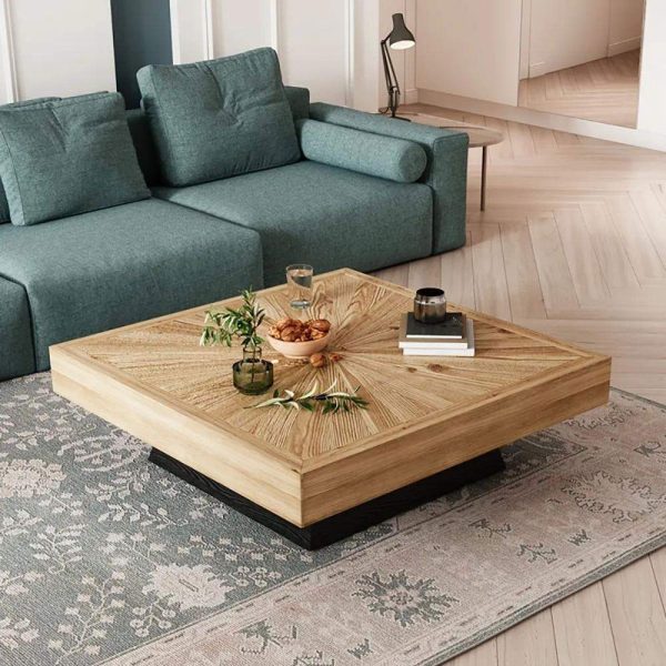 Modern Square Coffee Table with Wooden Top in Black & Natural