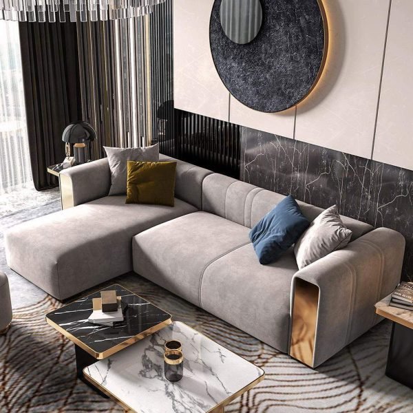 L-Shape Gray Velvet Upholstered Sectional Sofa with Left Chais