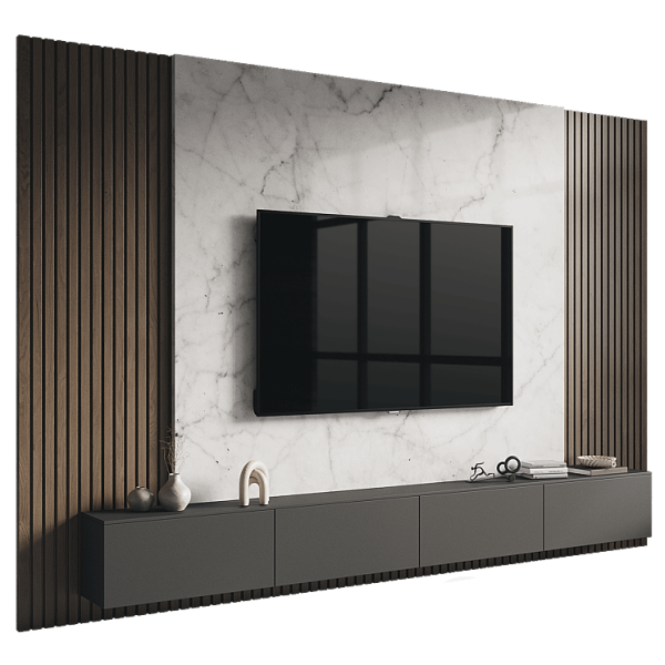 Luxury Marble TV Wall Unit with Dark Floating Drawers – UAE Modern Design