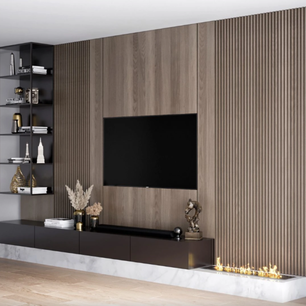 Modern Wood Panel TV Unit with Floating Console, Open Shelves, and Marble Base – Woodnix