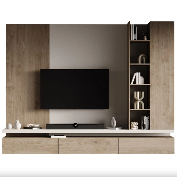 Modern Natural Oak Floating TV Wall Unit with Open Shelves – Woodnix UAE