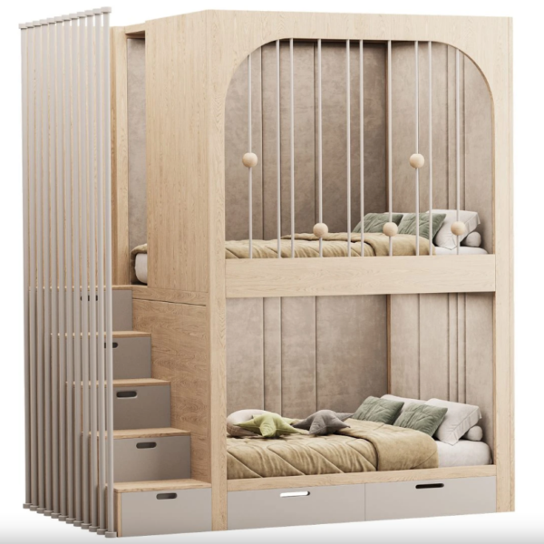 Custom bunk beds Dubai with staircase storage, slide, and play area – safe kids furniture by Woodnix
