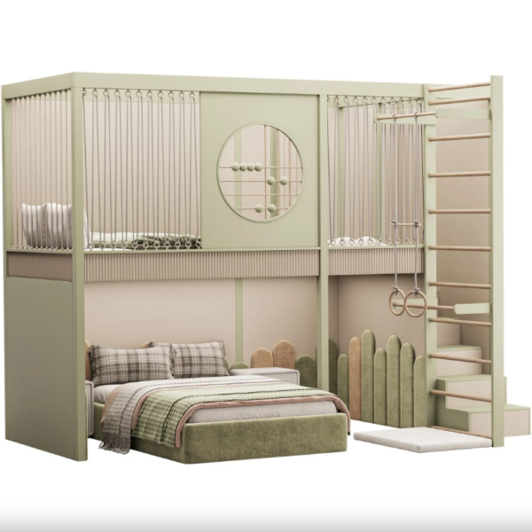 Custom kids loft bunk bed with built-in gym, climbing ladder, and rope rings in pastel tones for Dubai and UAE homes