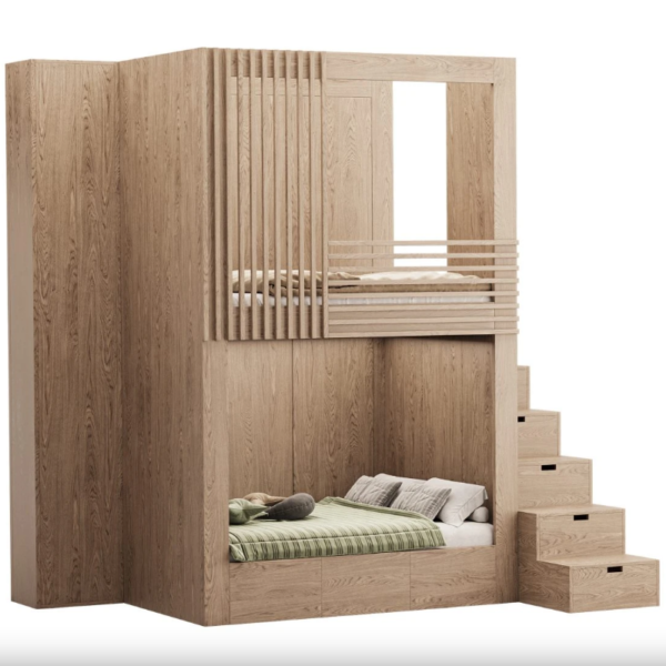 Custom kids bunk bed with storage stairs in natural wood finish, designed for modern homes in Dubai, UAE