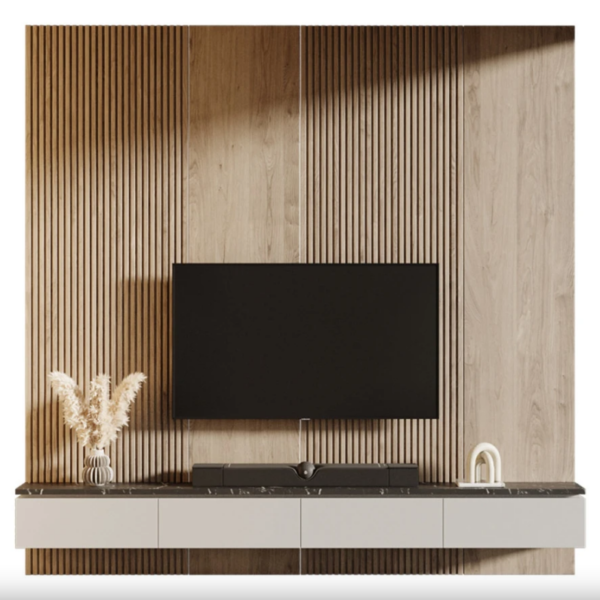 Natural Wood Slat TV Wall Unit with Floating Marble-Top Console for Modern Living Rooms – Woodnix UAE