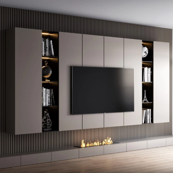 Luxury Wall-Mounted TV Unit with Cabinets and Built-In Fireplace – Woodnix