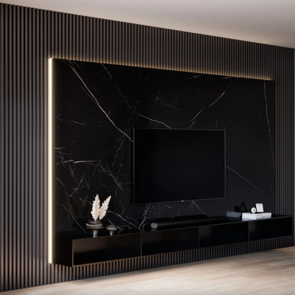 Luxury Black Marble TV Unit with Floating Console – Woodnix