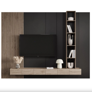 Modern Black and Oak TV Wall Unit with Floating Console and Vertical Display Shelves – Woodnix UAE