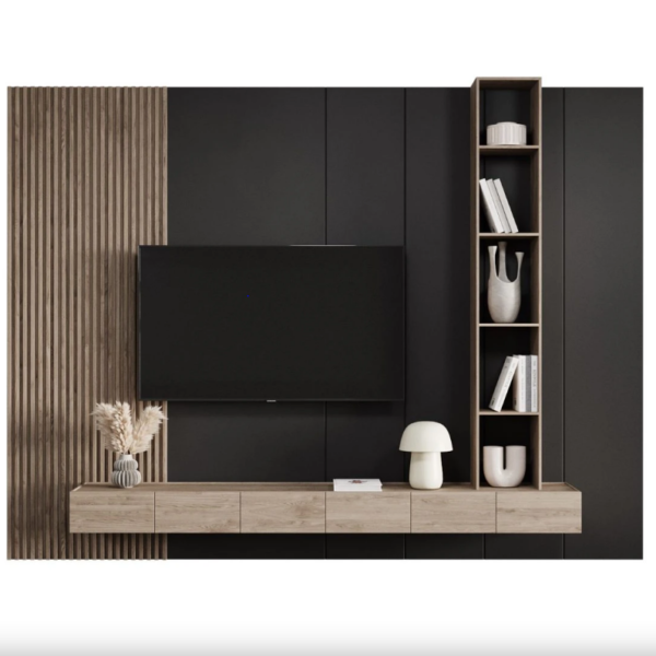 Modern Black and Oak TV Wall Unit with Floating Console and Vertical Display Shelves – Woodnix UAE