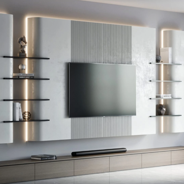 Modern Wall-Mounted TV Unit with Glossy Panels, Open Shelves, and Ambient LED Lighting – Woodnix UAE