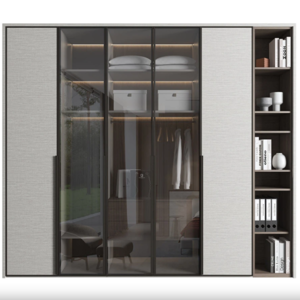 Fabric panel wardrobe with smoked glass doors and open shelf combo – Dubai Woodnix