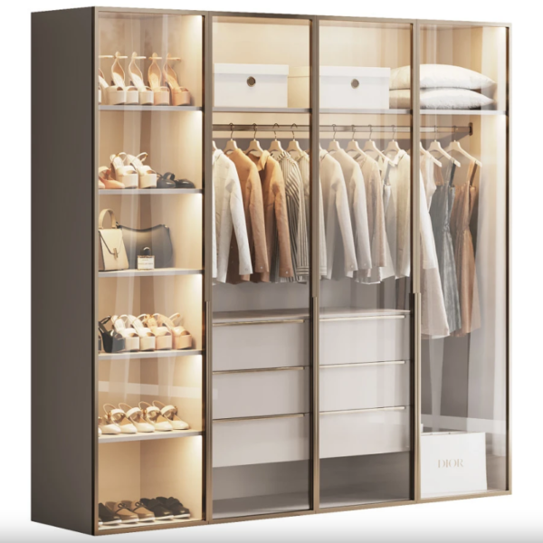 Aluminium glass door wardrobe with LED lighting and shoe tower – Woodnix Dubai