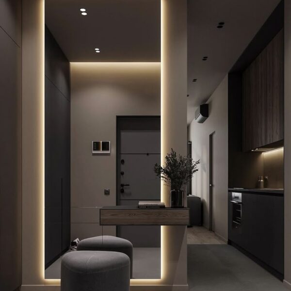 Arched LED Mirror Dubai vanity with fluted panel, floating drawer, and pouf – Woodnix