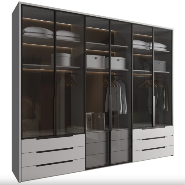 Smoked Glass Wardrobe Dubai with LED lighting and drawer base – Woodnix