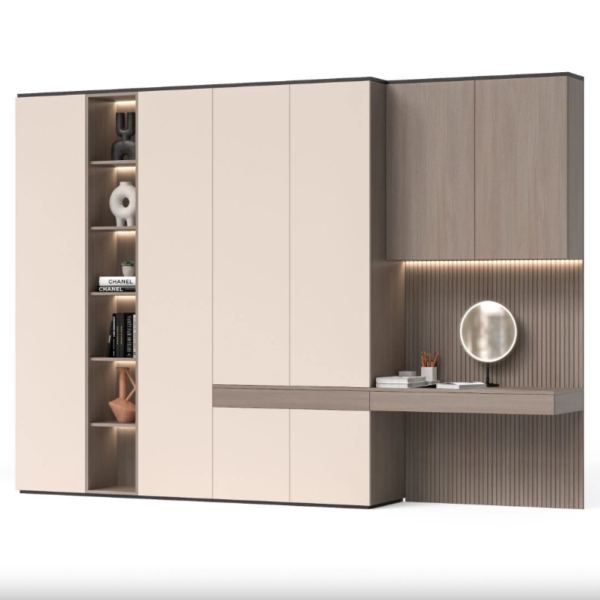 Wardrobe with dressing table Dubai featuring fabric doors and LED niche – Woodnix