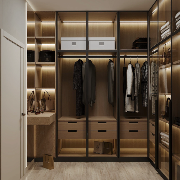 custom glass wardrobe Dubai with LED lighting and wood shelves – Woodnix