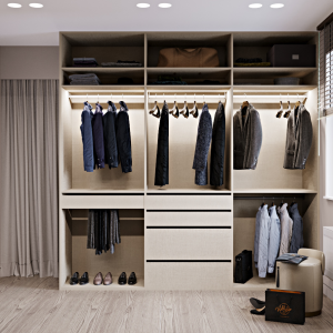 Custom wardrobe closet with glass doors and lighting in Dubai