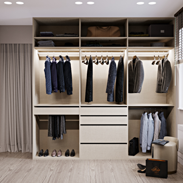 Custom wardrobe closet with glass doors and lighting in Dubai