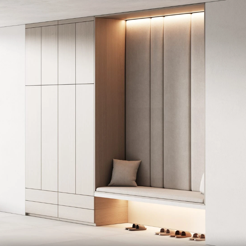 Custom entryway closet with cushioned bench and soft LED lighting – Woodnix Dubai