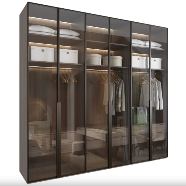 Glass door wardrobe with LED lighting and walnut interior – Woodnix Dubai