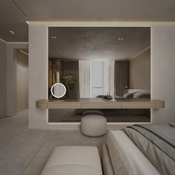 LED bedroom mirror Dubai with floating vanity and bouclé pouf – Woodnix