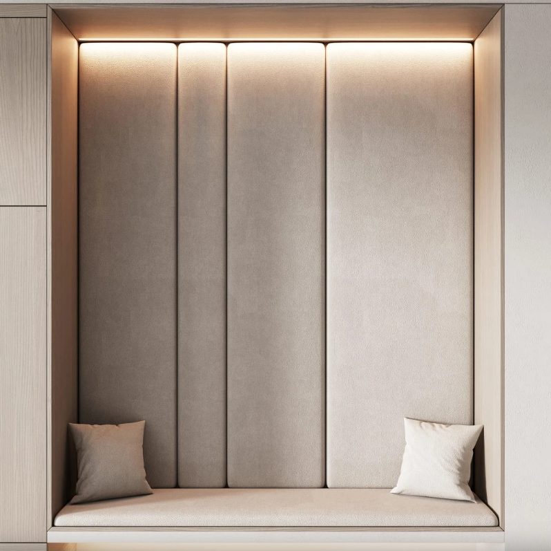 Custom entryway closet with cushioned bench and soft LED lighting – Woodnix Dubai