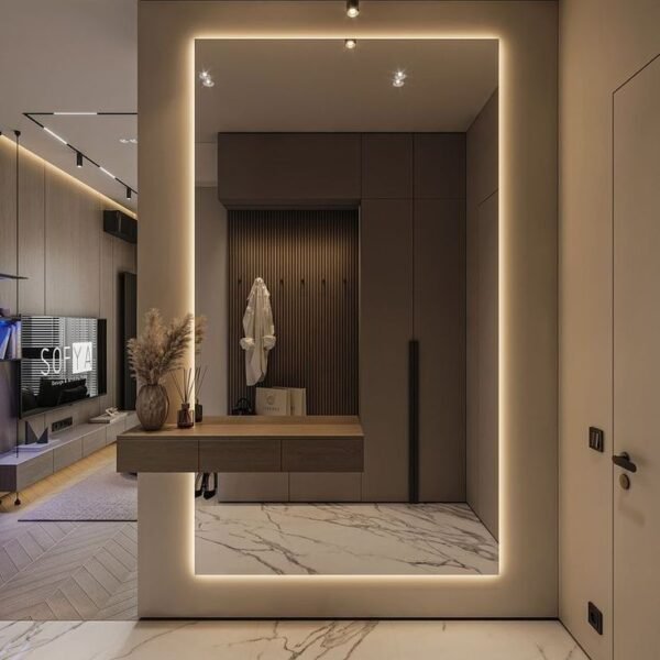 LED Frame Mirror Dubai with floating walnut drawer and back‑lit halo – Woodnix