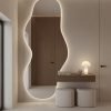 Organic mirror console Dubai with LED halo, floating oak drawer, and linen poufs – Woodnix