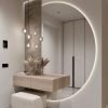 LED halo circle mirror console with travertine slab, floating walnut drawers, and pouf – Woodnix Dubai