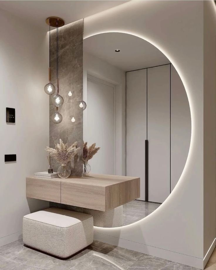 LED halo circle mirror console with travertine slab, floating walnut drawers, and pouf – Woodnix Dubai