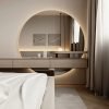 Bedroom circle mirror Dubai with LED halo and floating drawer console – Woodnix