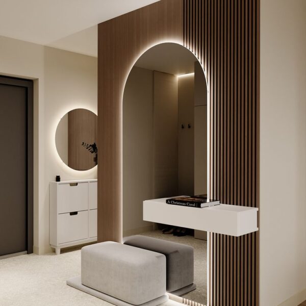Arched Mirror Console Dubai with fluted oak panel, LED lighting, floating drawer, and ottomans – Woodnix