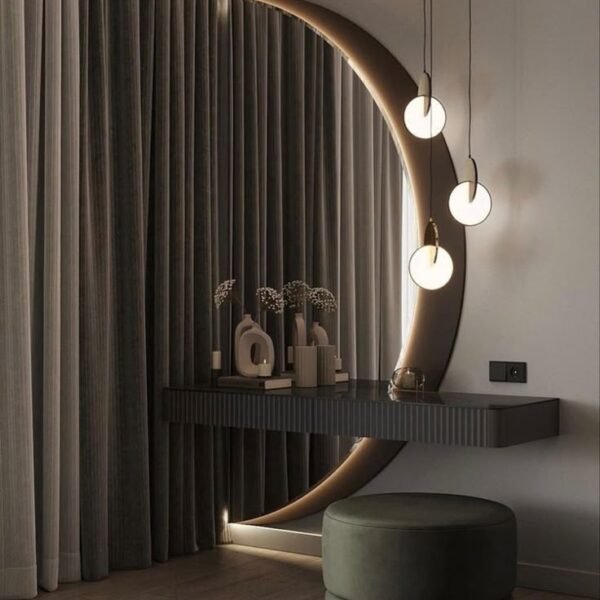 Half Moon Mirror Dubai console with LED light, floating drawer, and pouf – Woodnix