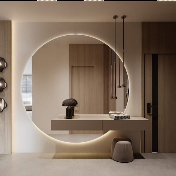 Circle mirror console Dubai with LED halo, floating beige drawer, and pouf – Woodnix