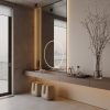 LED strip mirror Dubai with floating walnut console and ash stools – Woodnix