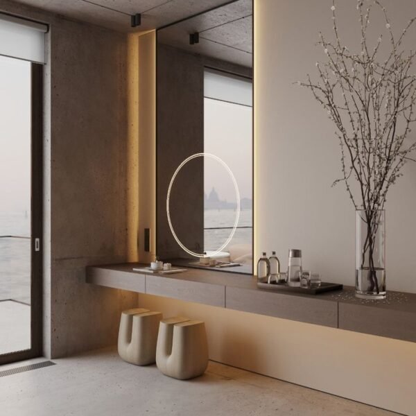 LED strip mirror Dubai with floating walnut console and ash stools – Woodnix