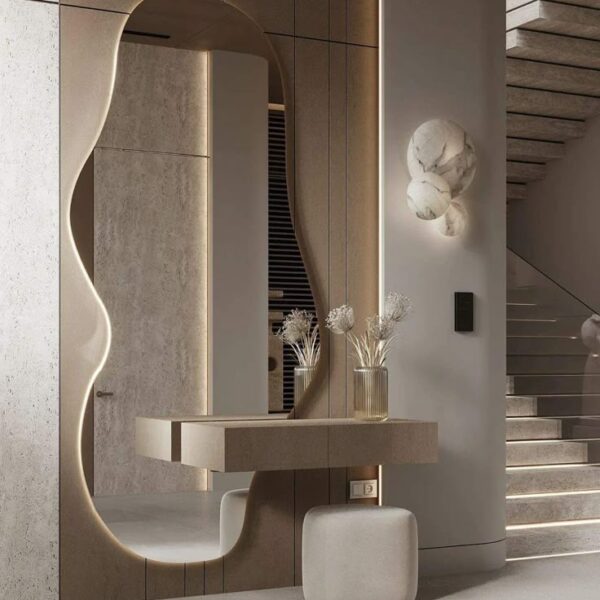Organic Shape Mirror Dubai with LED light, oak panel, floating drawer, and pouf – Woodnix