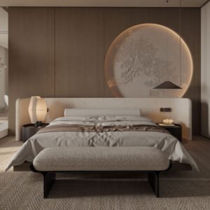 Bespoke furniture Dubai bouclé bed with curved headboard