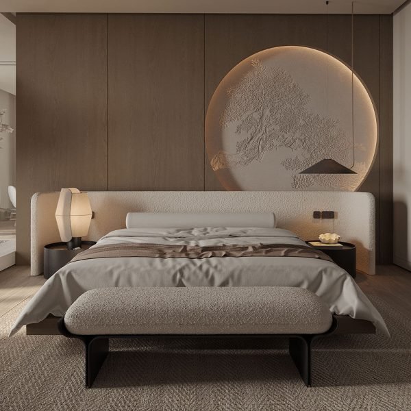 Bespoke furniture Dubai bouclé bed with curved headboard