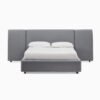 Front view of custom king size upholstered bed grey