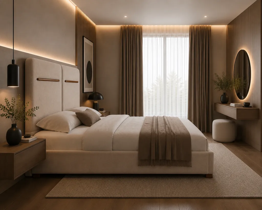 Elegant beige upholstered bed with modern UAE interior