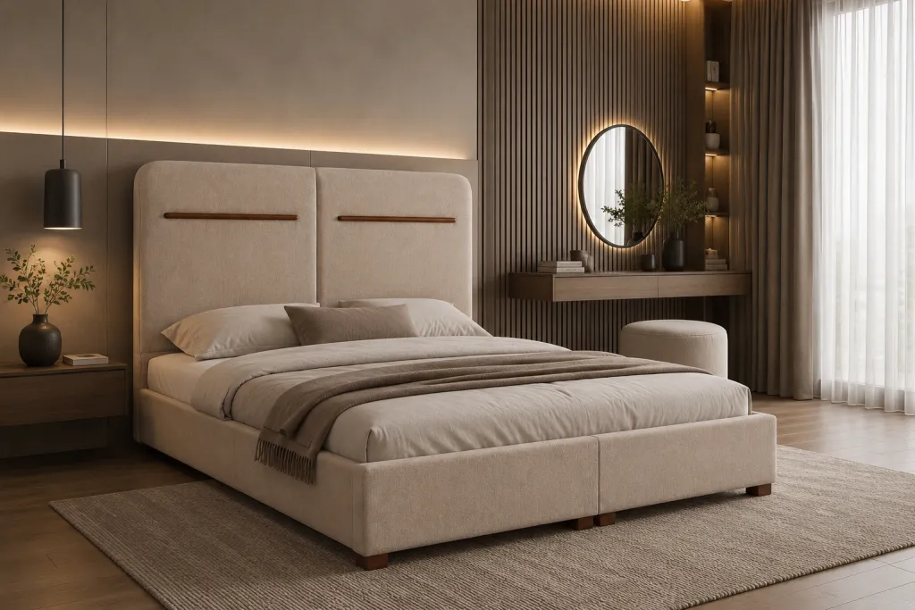 Modern beige upholstered bed with panel headboard UAE