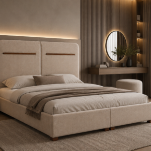 Modern beige upholstered bed with panel headboard UAE