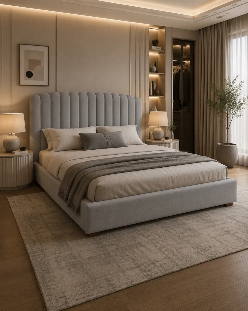 Elegant fabric upholstered bed for villas UAE