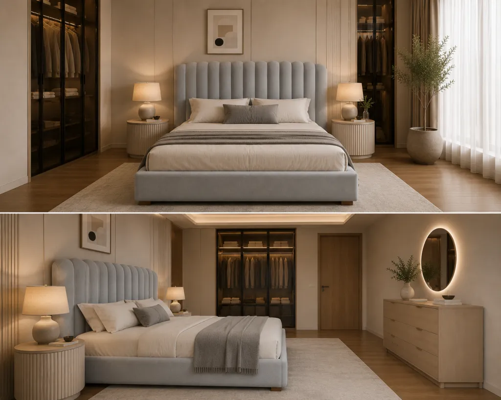 Luxury upholstered bed Dubai UAE with curved headboard