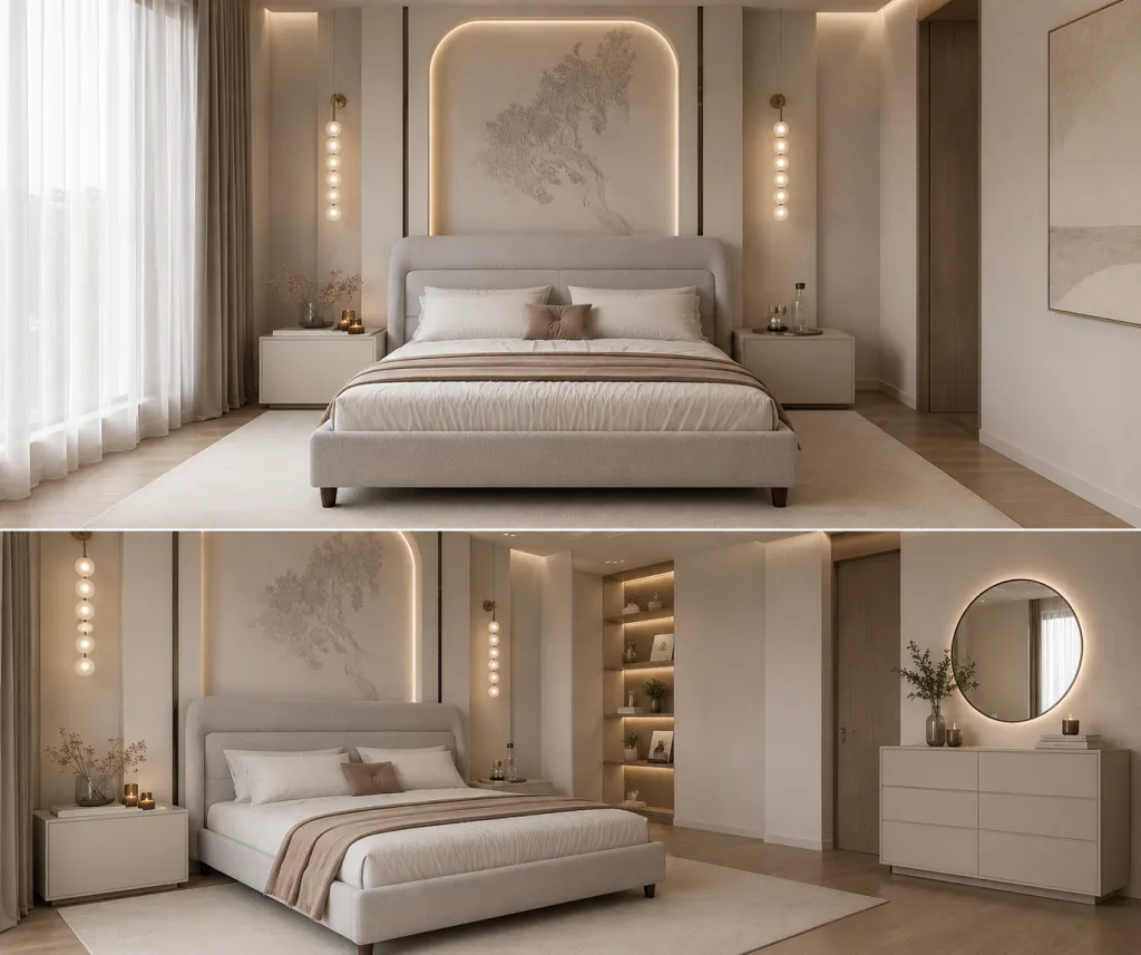 Luxury upholstered bed Abu Dhabi UAE with curved headboard